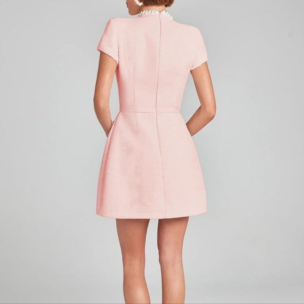 Lefung Pink Tweed Pearl Trim Details Mini Dress High Neck Short Sleeve - Size L - Picture 2 of 7